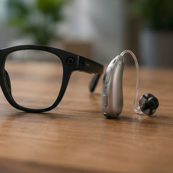 Lunettes connectées et appareil auditif moderne illustrant la convergence entre vision et audition
