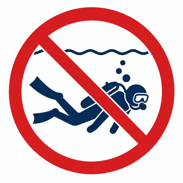 Bouchons anti-eau et drains : la plongée reste déconseillée Pictogramme signalant que la plongée sous-marine est déconseillée aux enfants porteurs de drains transtympaniques malgré le port de bouchons anti-eau sur mesure