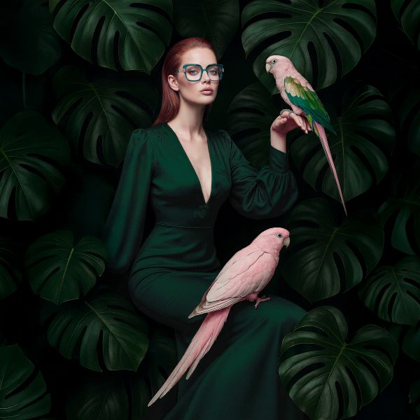 Découvrez l'univers glamour et féminin de Caroline Abram sur notre boutique en ligne Femme portant des lunettes Caroline Abram dans un univers élégant et sophistiqué aux inspirations haute couture