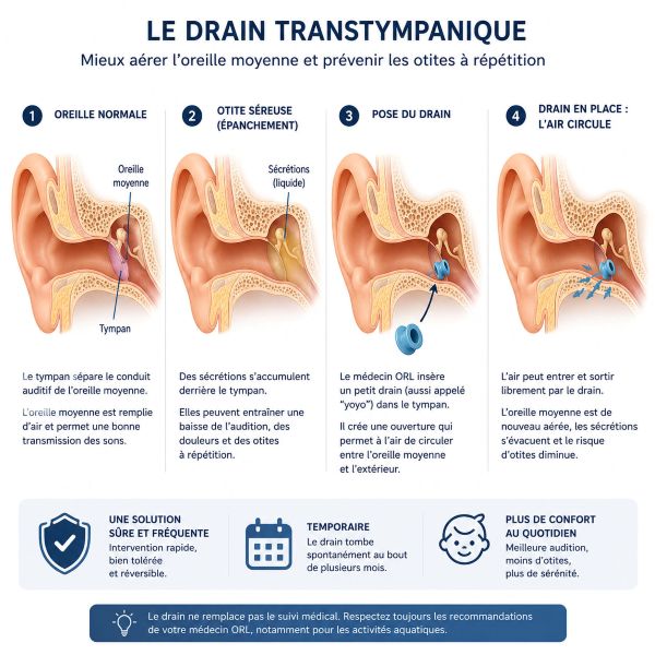 Schéma explicatif d'un drain transtympanique (yoyo) montrant son rôle dans la prévention des otites séreuses chez l'enfant