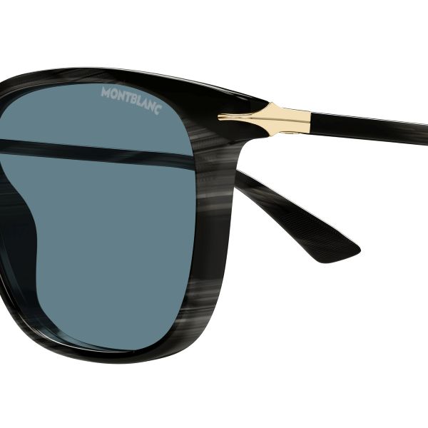 Découvrez les lunettes de soleil Montblanc disponibles sur notre boutique en ligne Détail de la monture solaire Montblanc MB0338S mettant en valeur ses finitions haut de gamme