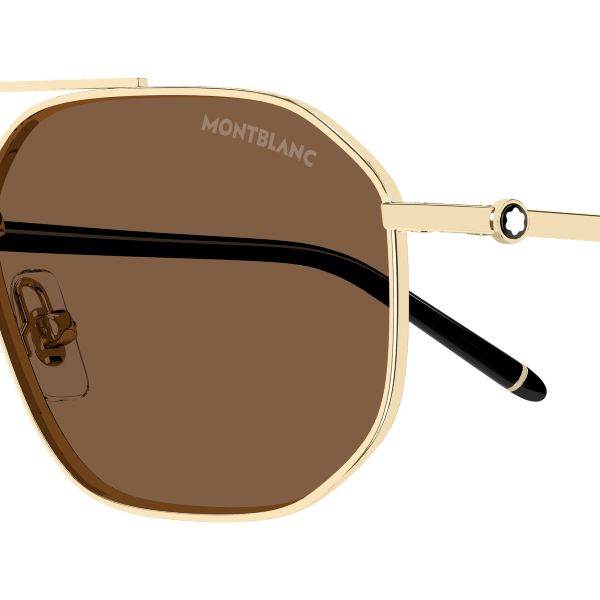Découvrez les lunettes de soleil Montblanc disponibles sur notre boutique en ligne Détail des lunettes de soleil Montblanc MB0481S révélant des finitions luxueuses et un design raffiné