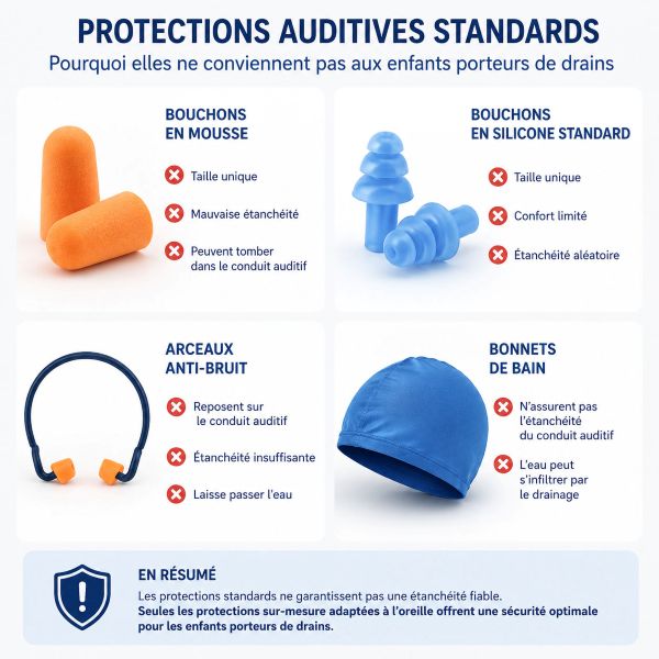 Pourquoi les protections standards ne remplacent pas les bouchons anti-eau sur mesure Comparaison entre bouchons standards et bouchons anti-eau sur mesure pour enfants porteurs de drains transtympaniques