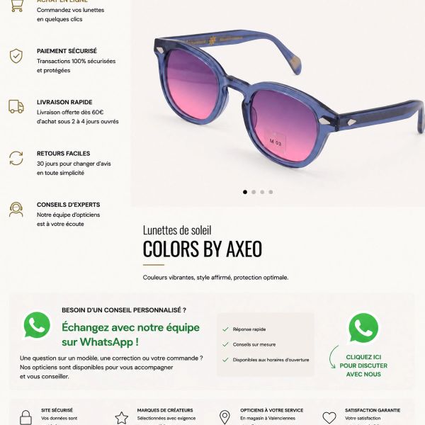 E-boutique Colors by AXEO avec lunettes de soleil colorées chez Optique Audition Suin Valenciennes