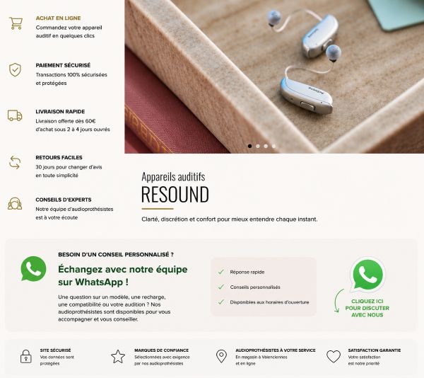 E-boutique appareils auditifs ReSound avec contact WhatsApp chez Optique Audition Suin Valenciennes