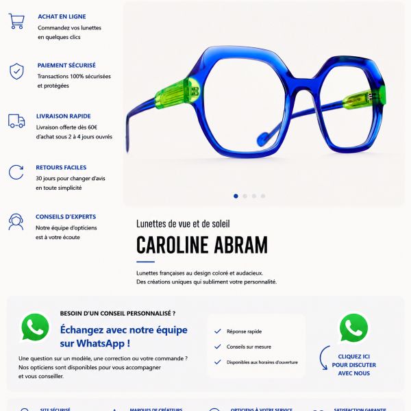 Découvrez la collection de lunettes Caroline Abram sur notre boutique en ligne Collection de lunettes Caroline Abram disponible en ligne chez Optique Audition Suin à Valenciennes
