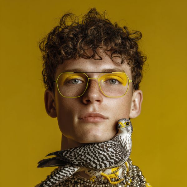 Découvrez les montures originales et colorées Oxibis sur notre boutique en ligne Homme portant des lunettes Oxibis jaunes au design graphique et aux couleurs affirmées