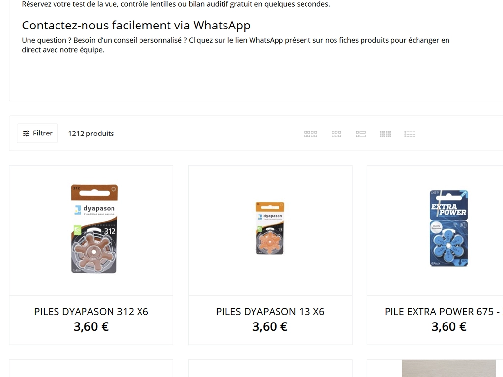 Capture du site e-commerce d’Optique Audition Suin présentant des piles auditives disponibles à l’achat en ligne à Valenciennes